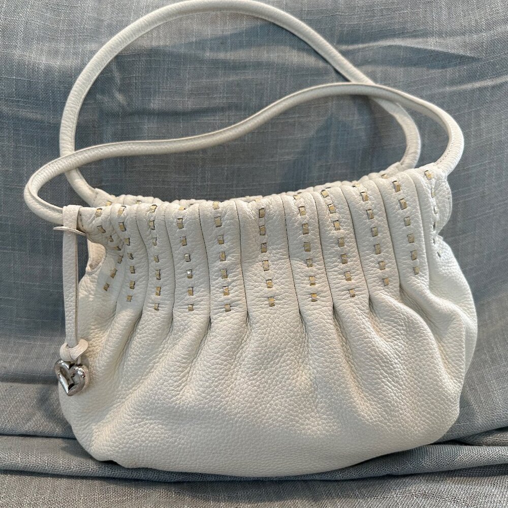 Brighton Cream Pebbled Leather Ruched Hobo Shoulder Bag w/ Heart Charm